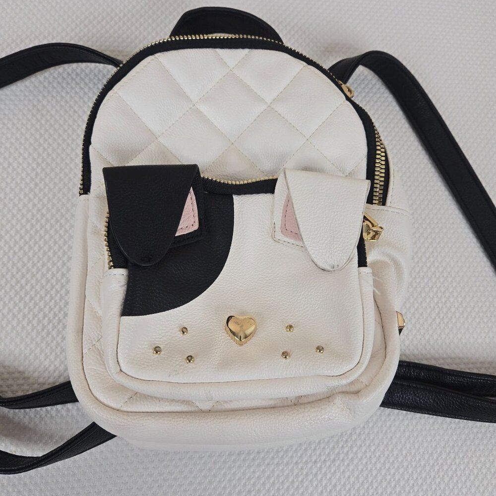 Betsey Johnson Quilted Dog Puppy Pug Mini Backpack White Black